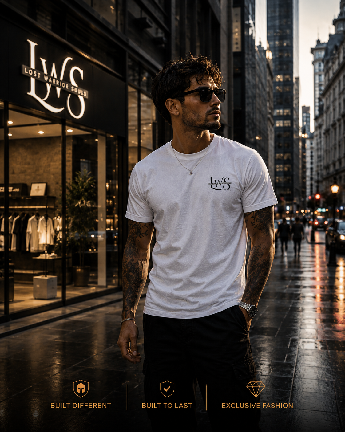 A man wearing a white crew-neck t-shirt with a small black 'LWG' logo on the left chest stands on a wet city street at dusk. The background shows a blurred urban street scene with buildings and storefronts, including an 'LWG' store sign on the left.