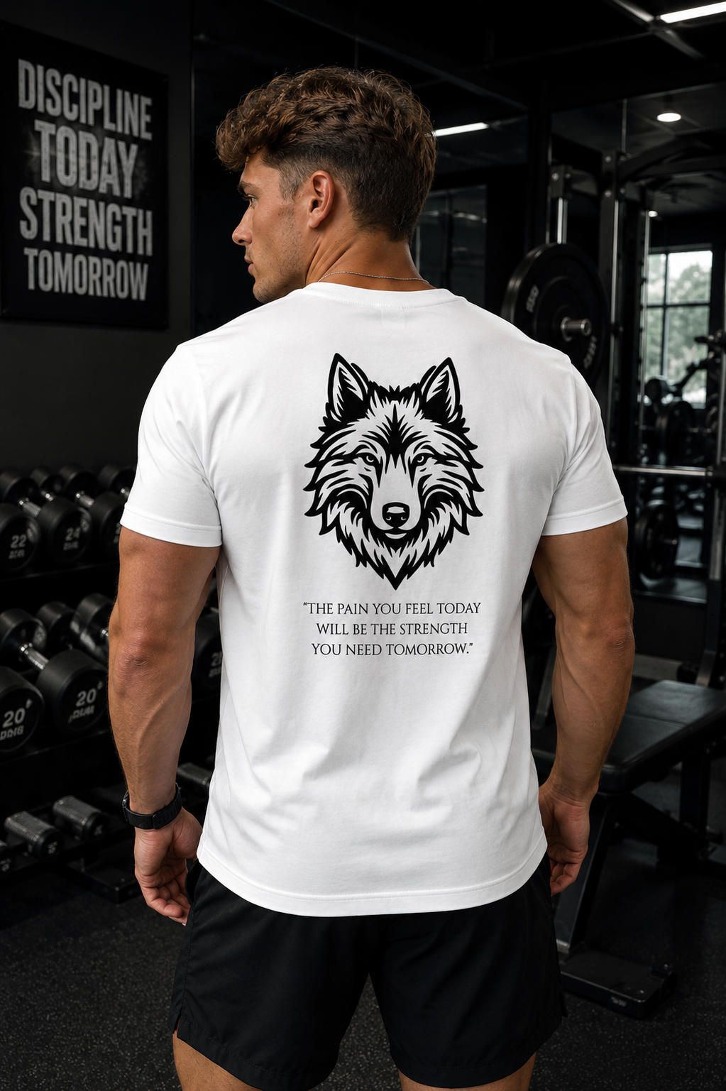A man in a gym wearing a white t-shirt from the back, featuring a black wolf graphic and the motivational quote 'THE PAIN YOU FEEL TODAY WILL BE THE STRENGTH YOU NEED TOMORROW'.